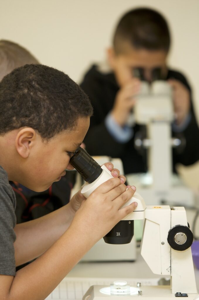 Elementary students on their Splash field trip using microscopes